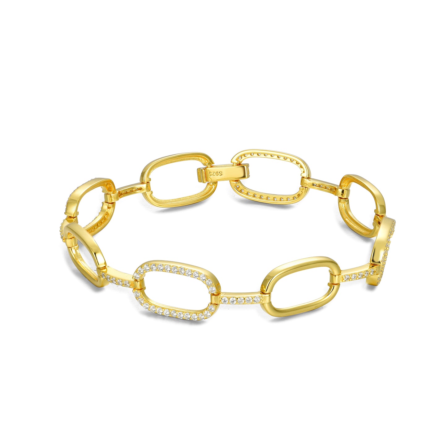 Rhodium or Gold-Plated Sterling Silver Micropave CZ Oval Link Bracelet