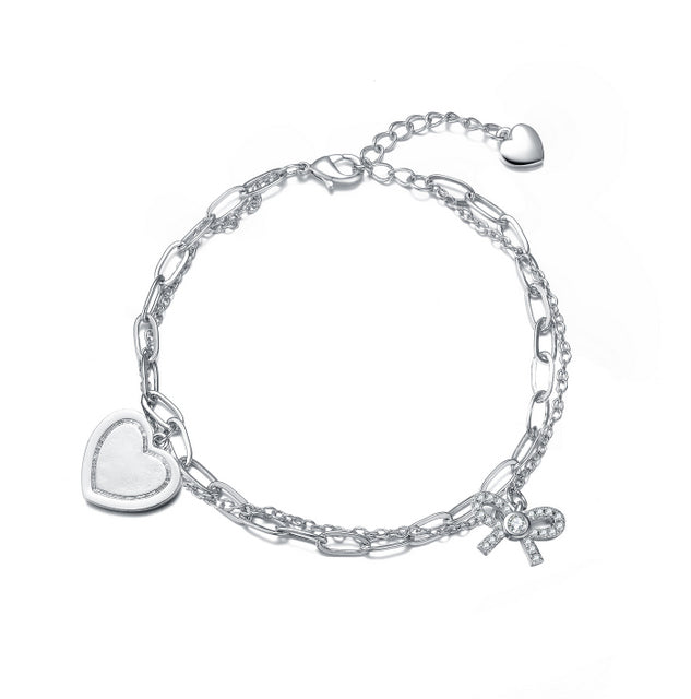 Sterling Silver Rhodium Plated Heart Paper Clip Chains Bracelet - HK Jewels