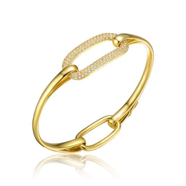 Sterling Silver Gold Plated Center CZ Rectangle Hard Bracelet - HK Jewels