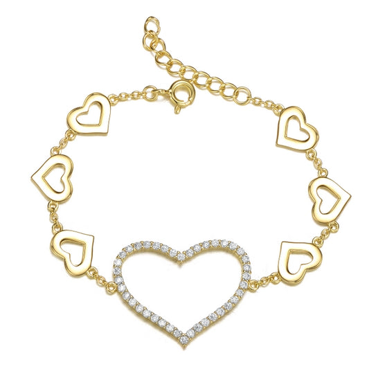 Sterling Silver Gold Plated Large CZ Heart with Small Hearts Bracelet - HK Jewels