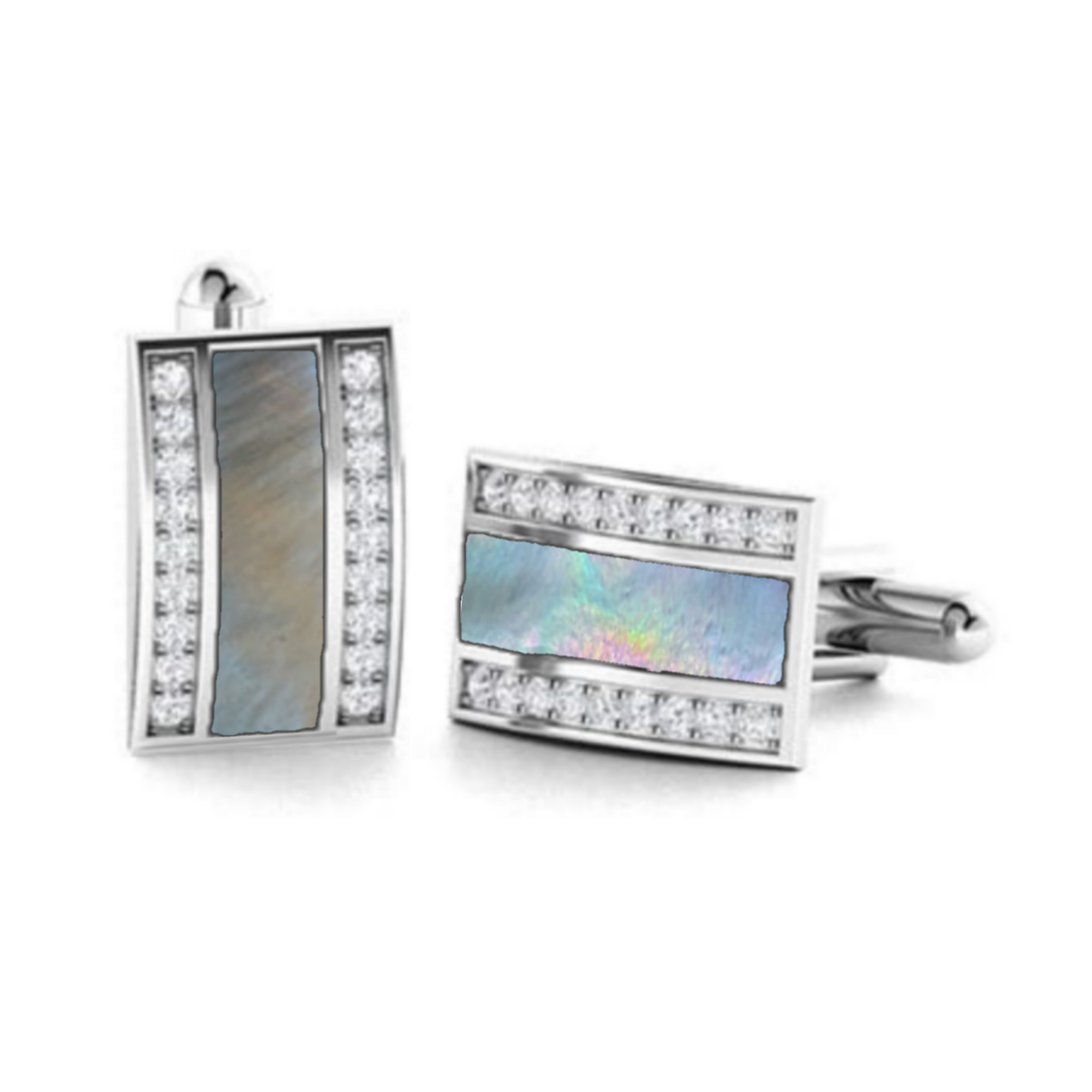 Rhodium Plated Sterling Silver Mother of Pearl / Black Onyx and CZ Rectangular Cufflinks