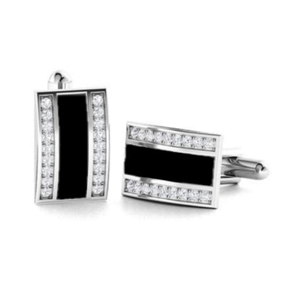 Rhodium Plated Sterling Silver Mother of Pearl / Black Onyx and CZ Rectangular Cufflinks