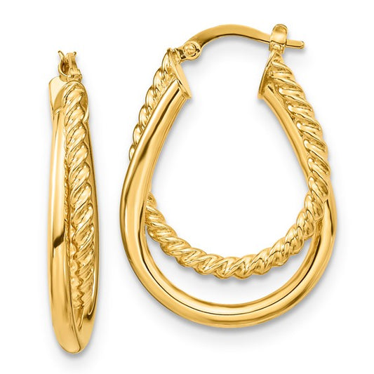 14K POLISHED/ROPED DOUBLE HOOP EARRING - HK Jewels