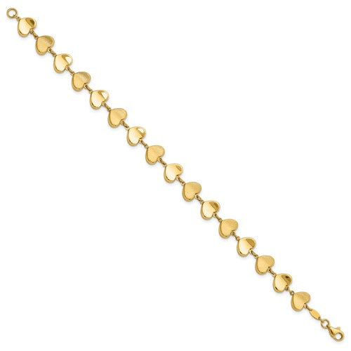 14K Yellow Gold Alternating Shiny and Matte Heart Link Bracelet - HK Jewels