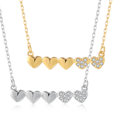 Gold-plated or Rhodium-plated Sterling Silver CZ Small Five Heart Bar Necklace