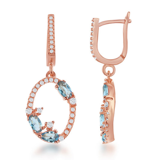 Rose Gold Plated Sterling Silver Oval Earrings with Blue CZs - HK Jewels