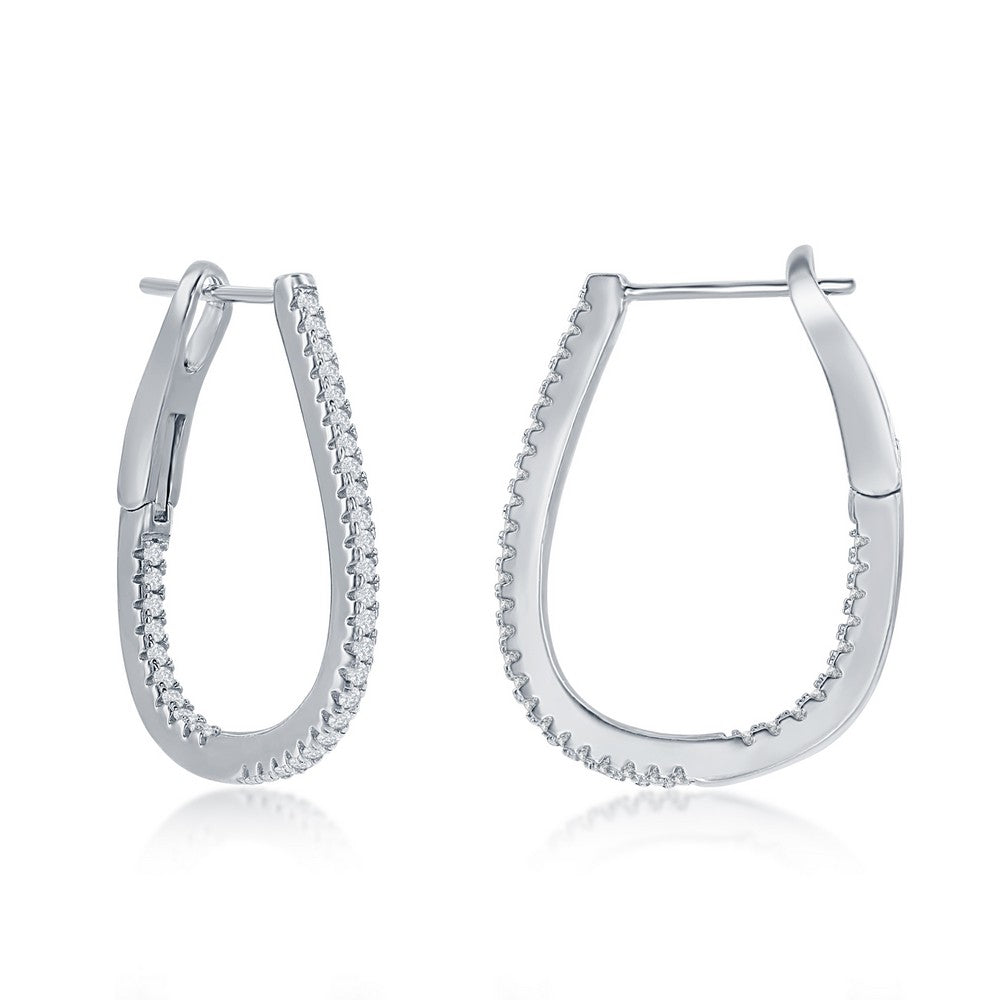 Sterling Silver Thin Oval Hoop CZ Earrings - HK Jewels
