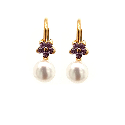 Surgical Steel Pearl Purple Flower Earrings - HK Jewels