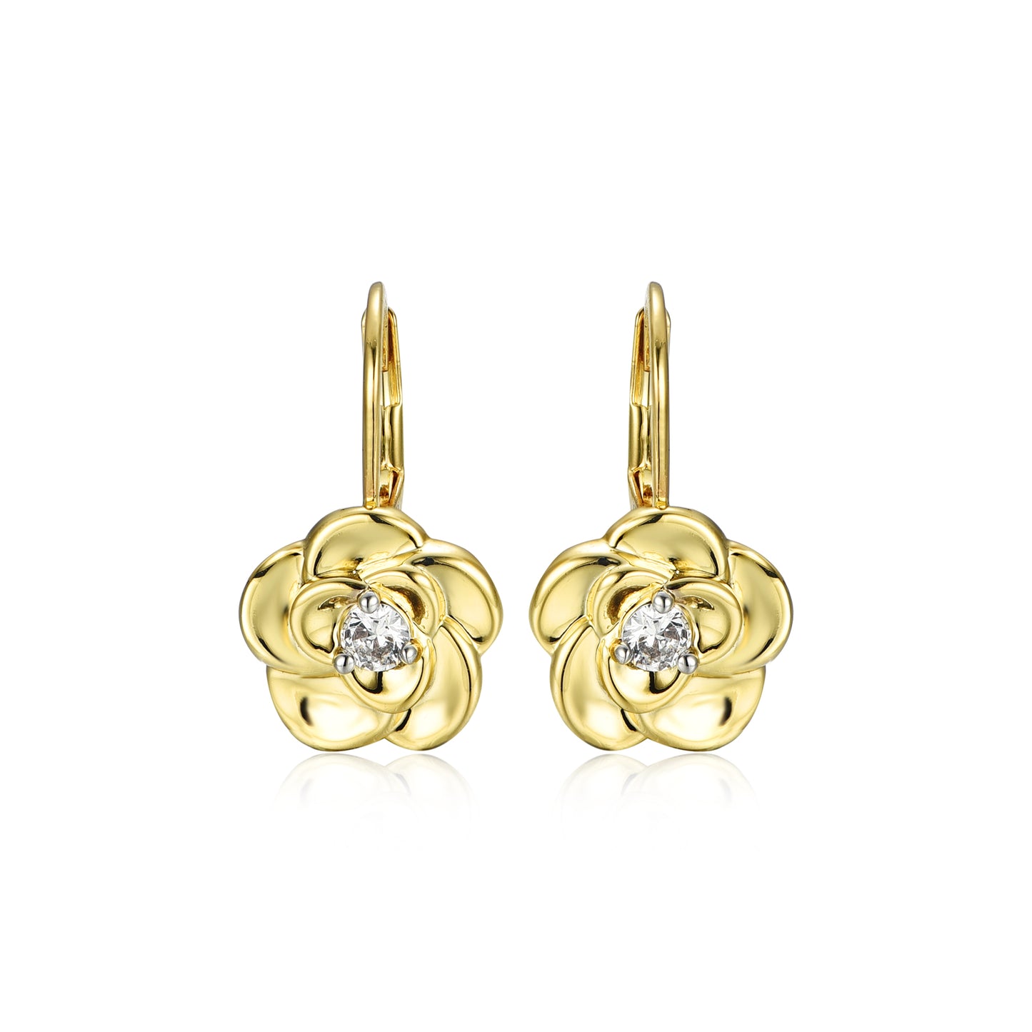 Gold Plated Surgical Steel Flower With Center CZ Leverback Earrings