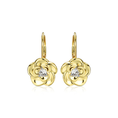Gold Plated Surgical Steel Flower With Center CZ Leverback Earrings