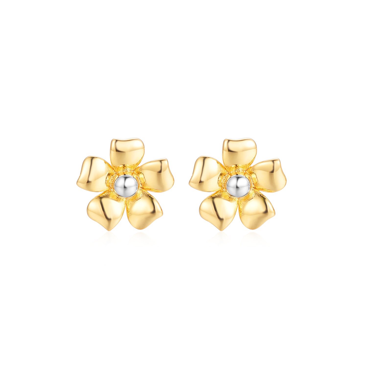 Gold Plated Surgical Steel Flower With Center Rhodium Ball Stud Earrings - HK Jewels