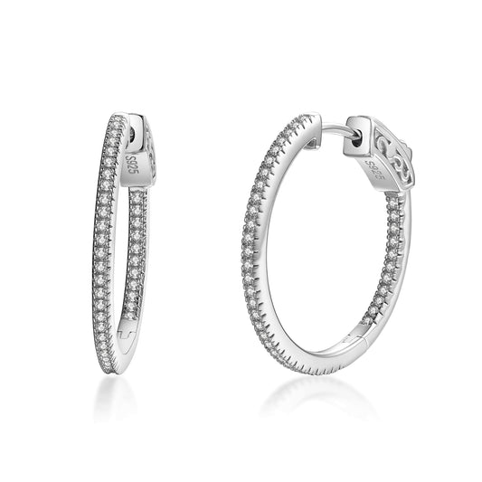Sterling Silver 25mm Round CZ Hoop Earrings with 1mm CZs - HK Jewels