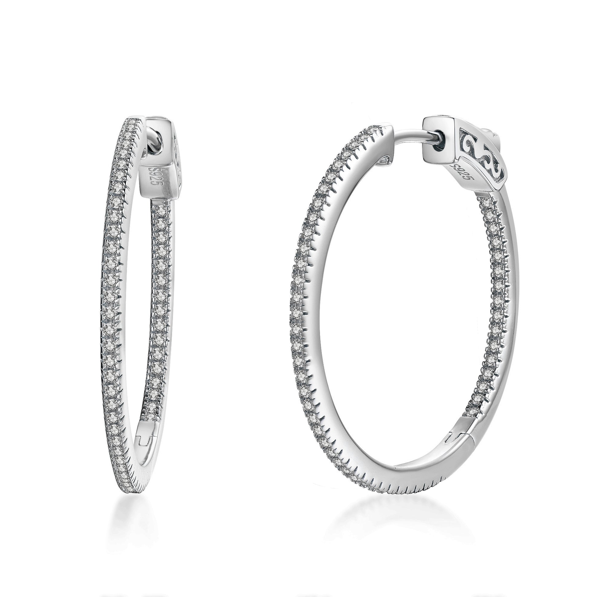 Sterling Silver 30mm Round CZ Hoop Earrings with 1mm CZs - HK Jewels