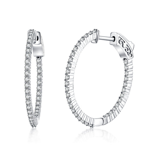 Sterling Silver 27.5x26MM Oval CZ Hoop Earrings with 1.5mm CZs - HK Jewels