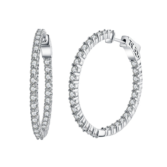 Sterling Silver 35mm Round CZ Hoop Earrings with 2.5mm CZs - HK Jewels