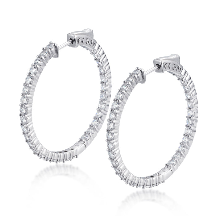Sterling Silver 35mm Round CZ Hoop Earrings with 2.5mm CZs - HK Jewels