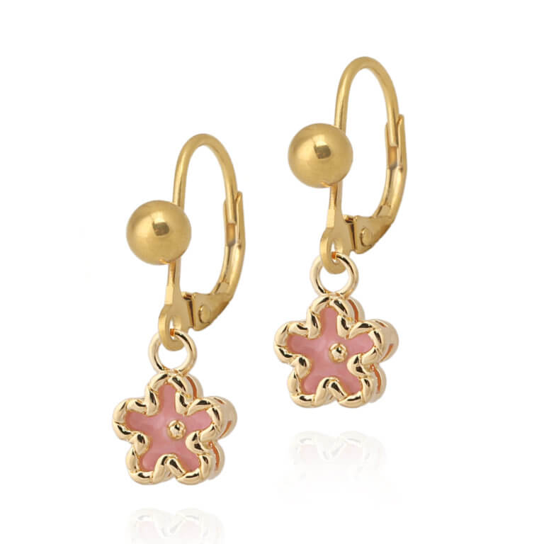 Small Gold Frame Pink Enamel Flower Earring - HK Jewels