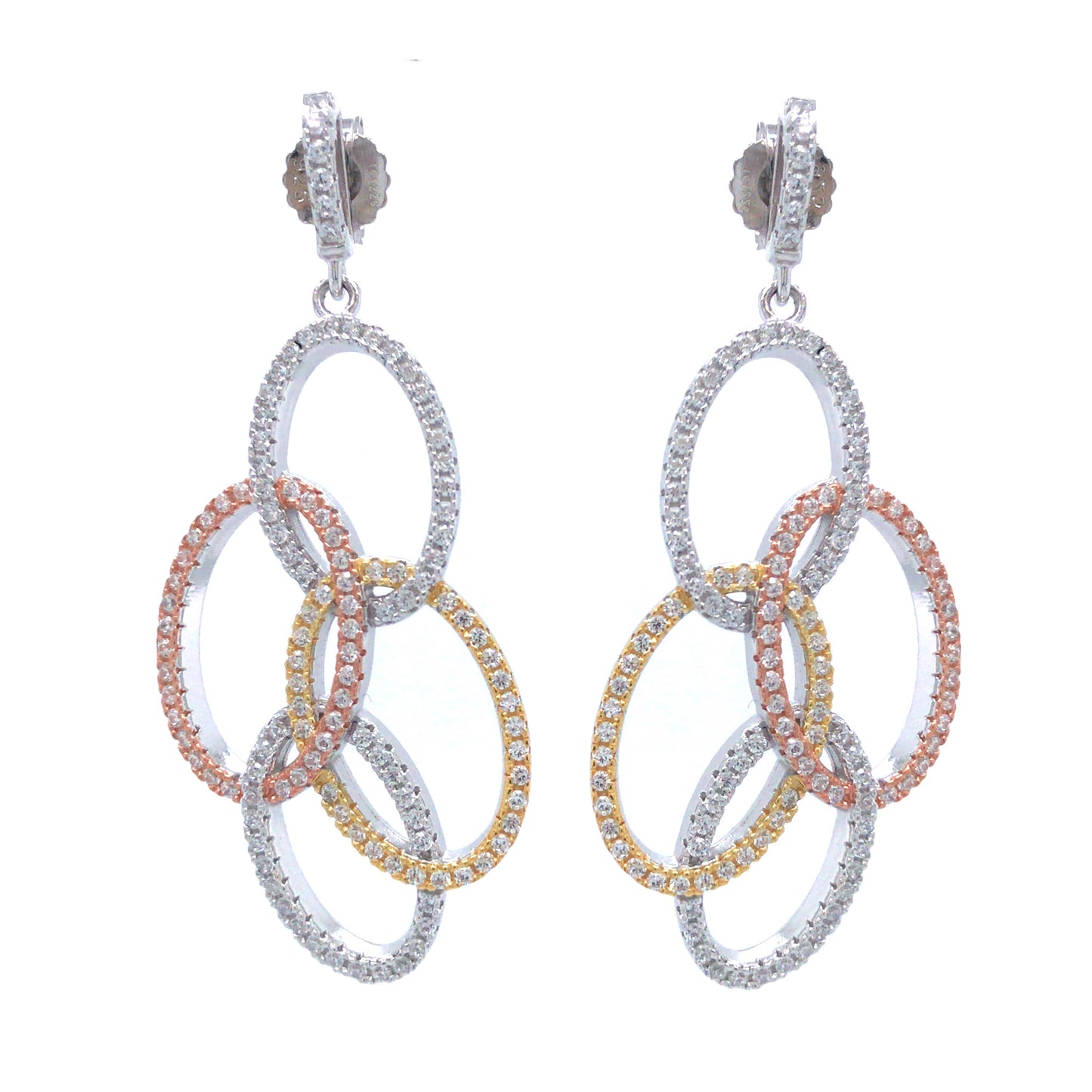 Sterling Silver Tricolor  Dangling Ovals CZ Earring - HK Jewels