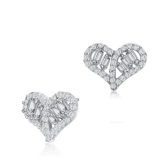 Sterling Silver Baguette and Round CZ Heart Stud Earrings - HK Jewels