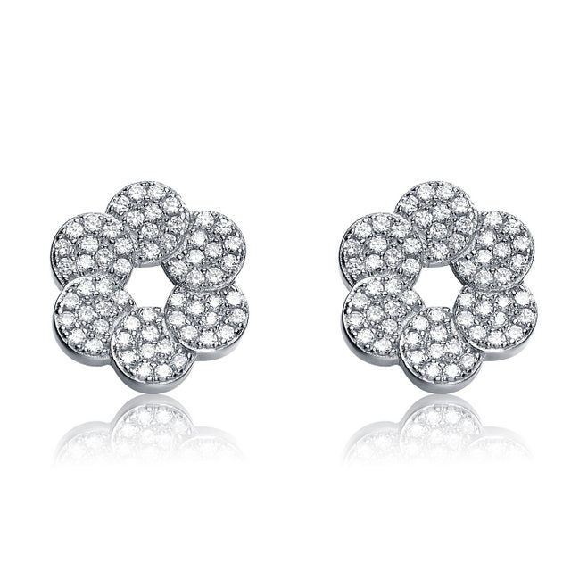 Sterling Silver CZ Round Flower Shape Earrings - HK Jewels