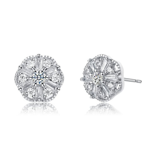 Sterling Silver With Round and Baguette CZ  Stud Earrings - HK Jewels