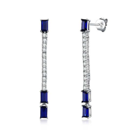 Sterling Silver Sapphire Accented CZ Tennis Earring - HK Jewels
