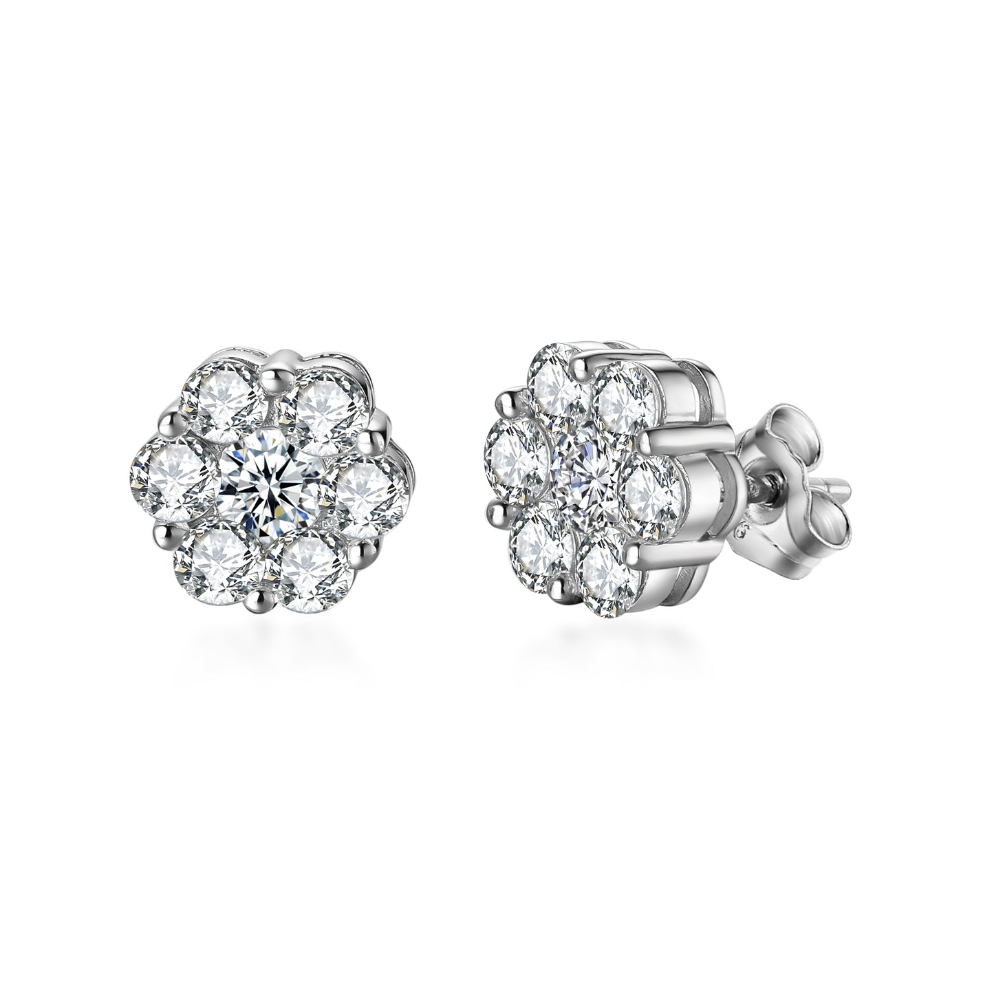 Rhodium Plated Sterling Silver 7 Stone CZ Cluster Stud Earring