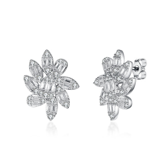 Sterling Silver Floral Design Baguette and Round CZ Stud Earring - HK Jewels