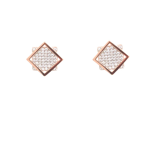 Sterling Silver Diamond On Square CZ Stud Earrings - HK Jewels