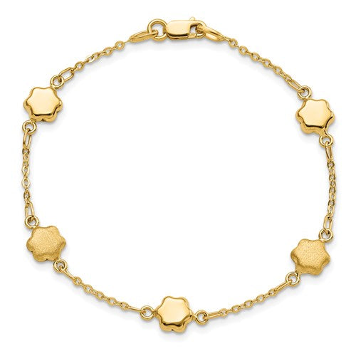 14K Yellow Gold Alternating Shiny and Matte Flower Link Bracelet - HK Jewels