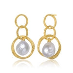 Sterling Silver Three Circles With Dangling Pearl Earrings - HK Jewels