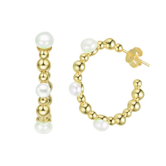 Sterling Silver with Gold Plated and 5MM Fresh Water Pearls Hoop Earrings - HK Jewels