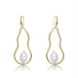 Gold Plated Sterling Silver Long Pear Shape With Pearl Earring - HK Jewels