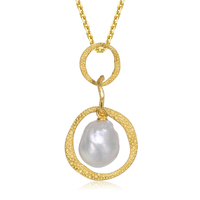 Sterling Silver Gold Plated with Freshwater Button Pearl Pendant - HK Jewels