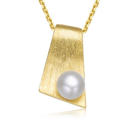 Sterling Silver Gold Plated with Freshwater Pearl Rectangle Pendant Necklace - HK Jewels