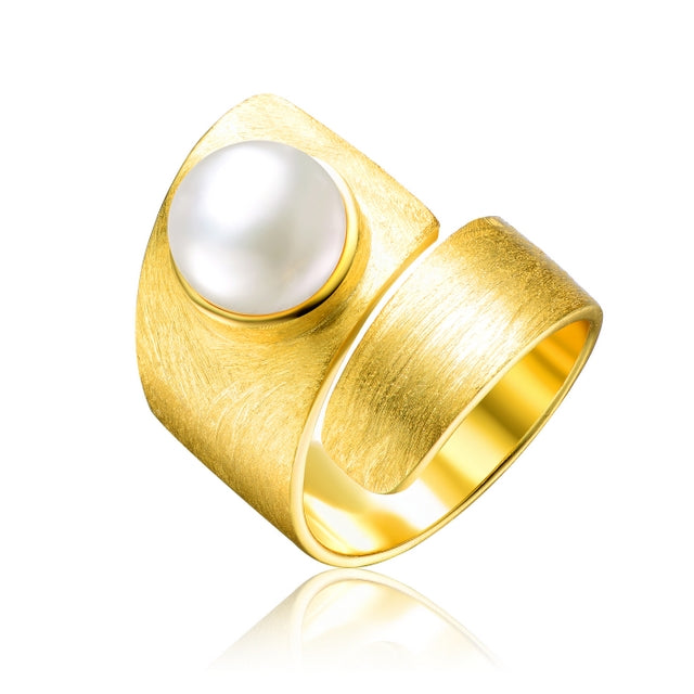 Sterling Silver Gold Plated with Freshwater Pearl Modern Ring - HK Jewels