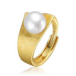 Sterling Silver Gold Plated with Freshwater Pearl Linear Ring - HK Jewels