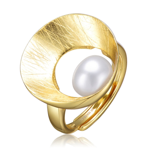 Sterling Silver Gold Plated with Freshwater Pearl Geometric Ring - HK Jewels