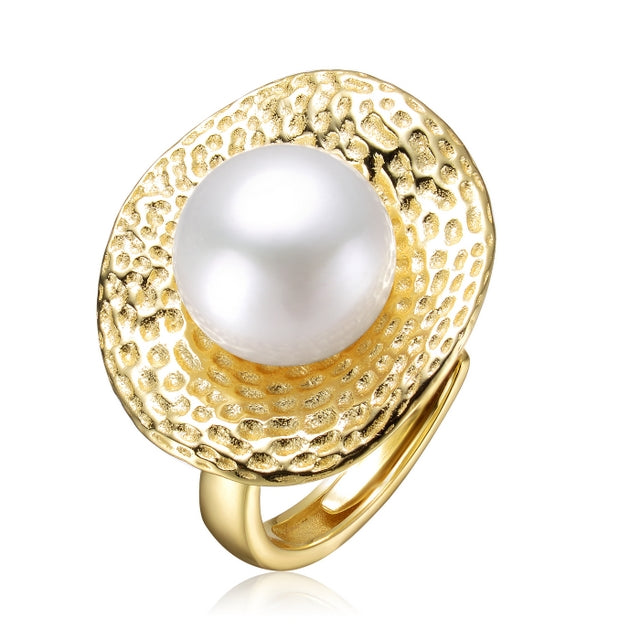 Sterling Silver Gold Plated with Freshwater Pearl Hammered Ring - HK Jewels