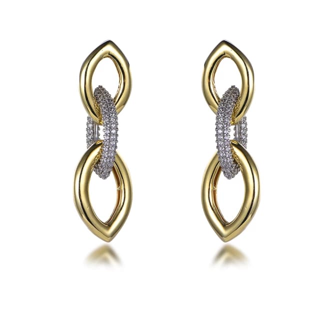 Gold Plated Sterling Silver Micropave 3 Marquis Shaped Link Earrings - HK Jewels