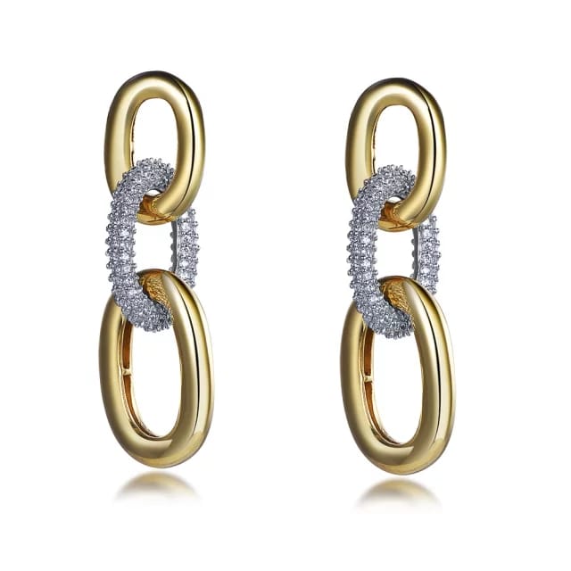 Gold Plated Sterling Silver Micropave 3 Oval Link Earrings - HK Jewels