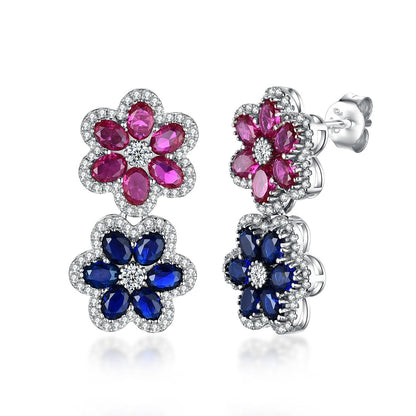 Sterling Silver Sapphire and Ruby Colored CZ Double Flower Earring - HK Jewels