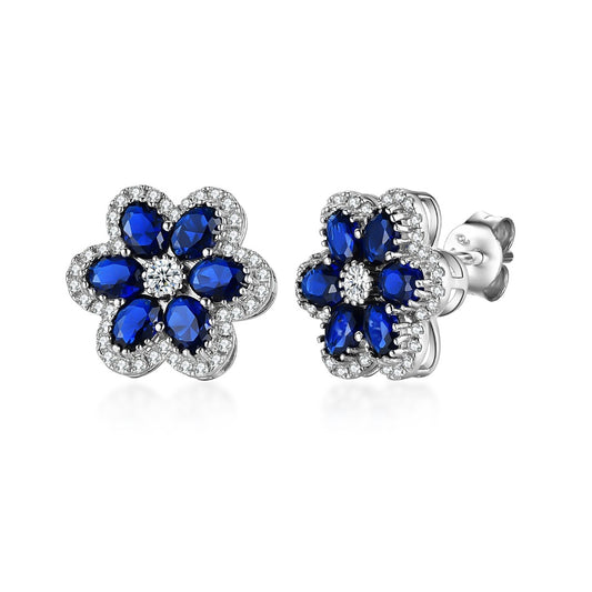 Sterling Silver Sapphire CZ Flower Stud Earring - HK Jewels