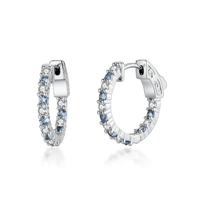 Surgical Steel Hoop Earrings With Alternating Light Blue and Clear CZ Stones - HK Jewels