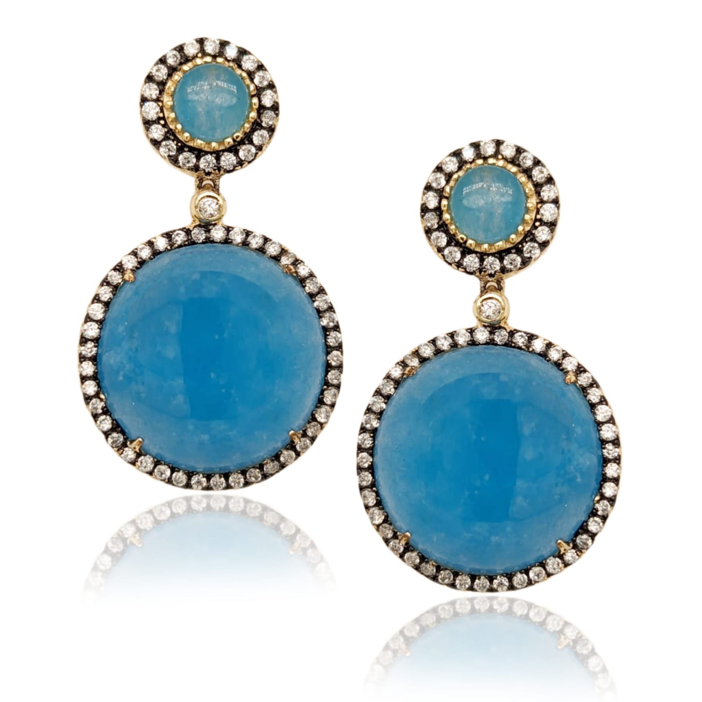 Gold Plated Sterling Silver Double Circle Blue Stone Earrings - HK Jewels