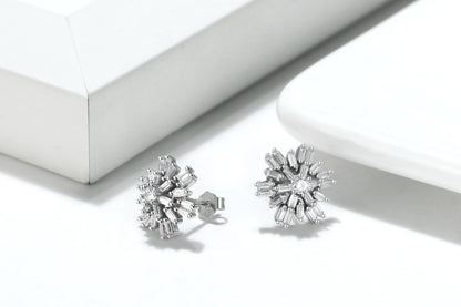 Sterling Silver Baguette Snowflake Stud Earrings - HK Jewels