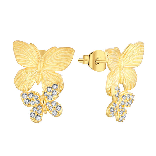 Gold Plated Sterling Silver Micropave Double Butterfly Earrings