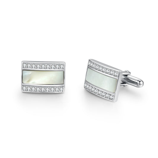 Rhodium Plated Sterling Silver Mother of Pearl/Black Onyx and CZ Rectangular Cufflinks