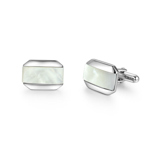 Rhodium Plated Sterling Silver Mother of Pearl/Black Onyx and Rectangular Cufflinks