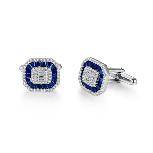 Rhodium Plated Sterling Silver Sapphire or Ruby CZ Baguettes Cufflinks